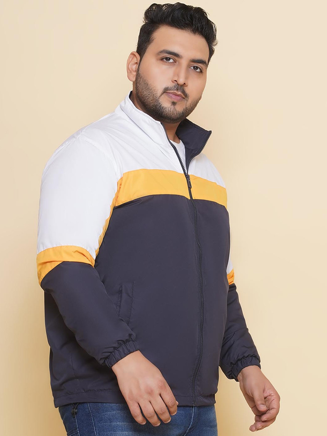 John Pride Plus Size Colourblocked Mock Collar Lightweight Padded Jacket