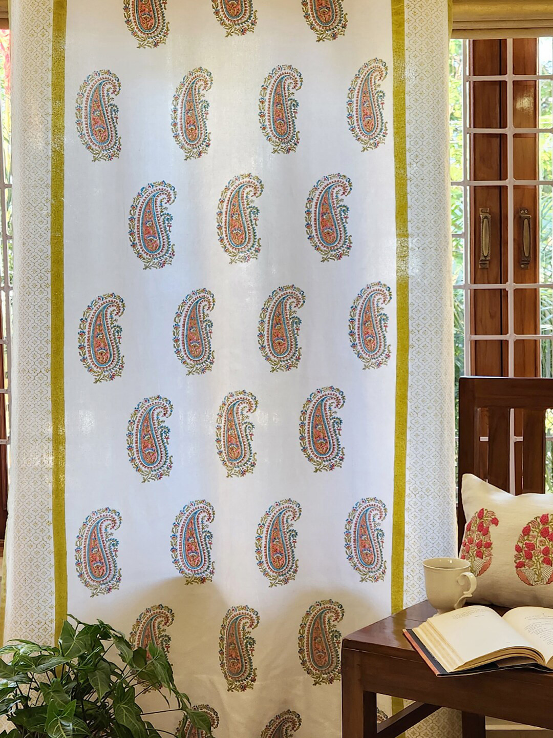 DESIGN GAATHA Off White & Olive Green Cotton Floral Door Curtain