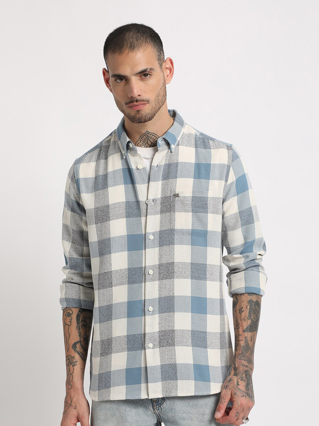 THE BEAR HOUSE Slim Fit Button-Down CollarCollar Checked Casual Shirt