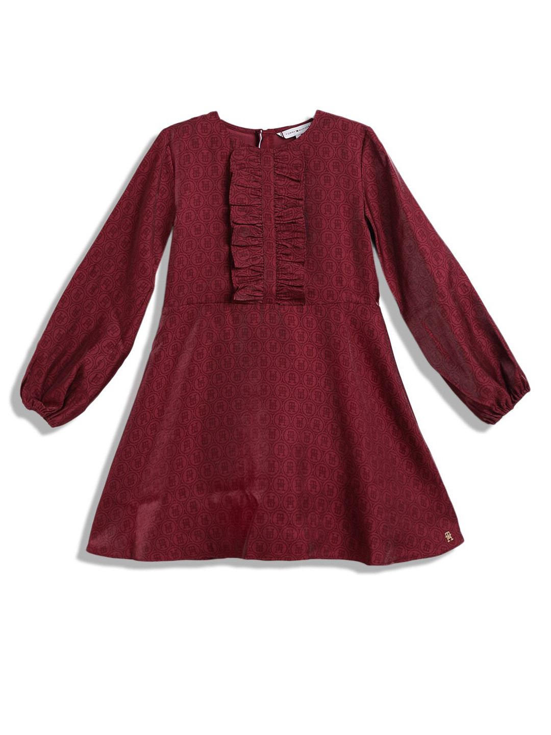 Tommy Hilfiger Girls Abstract Printed Ruffled Puff Sleeves Fit & Flare Dress