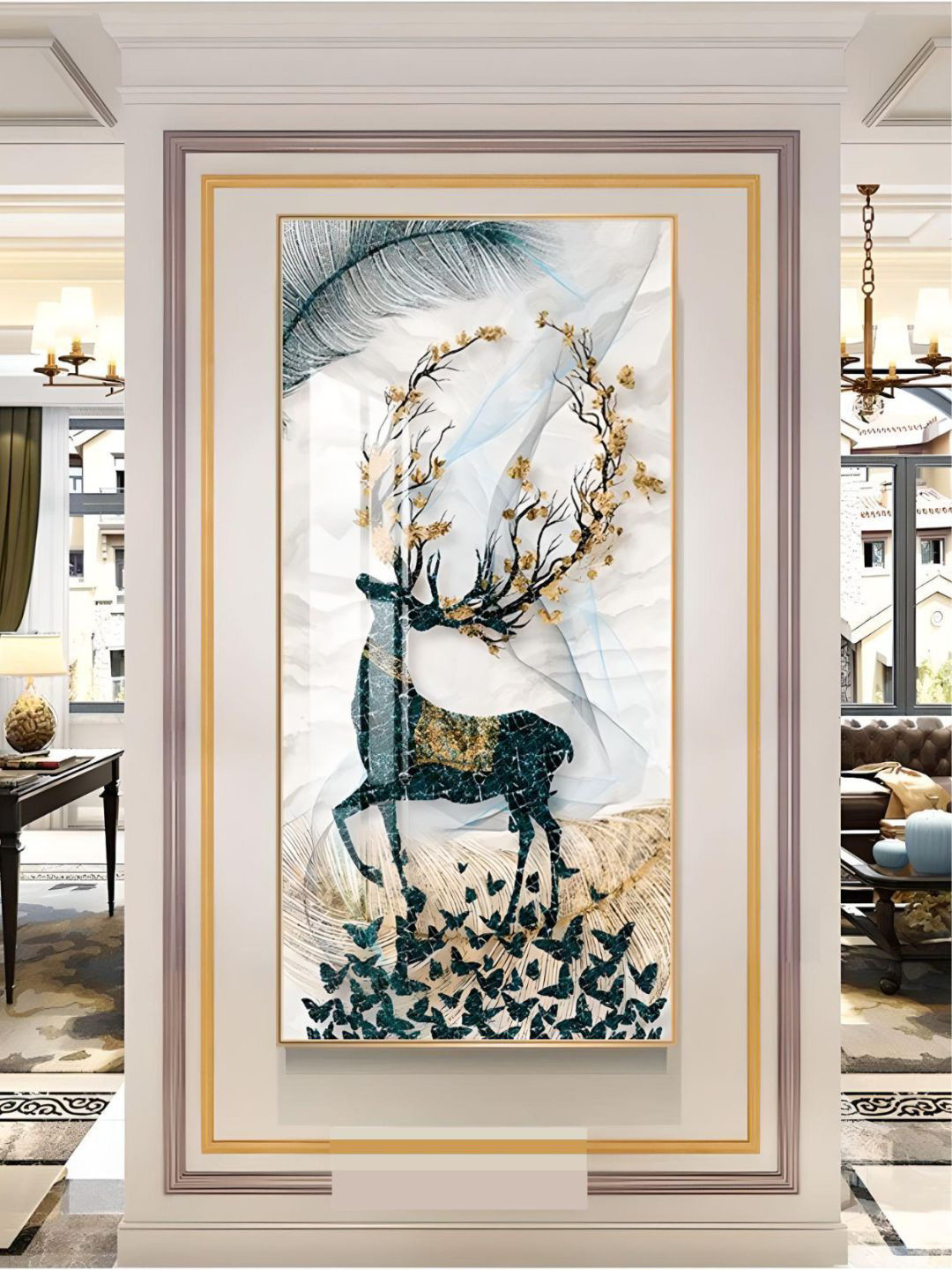 THE HANDMADE FLAIR White & Blue Mystical Deer Framed Painting Wall Art