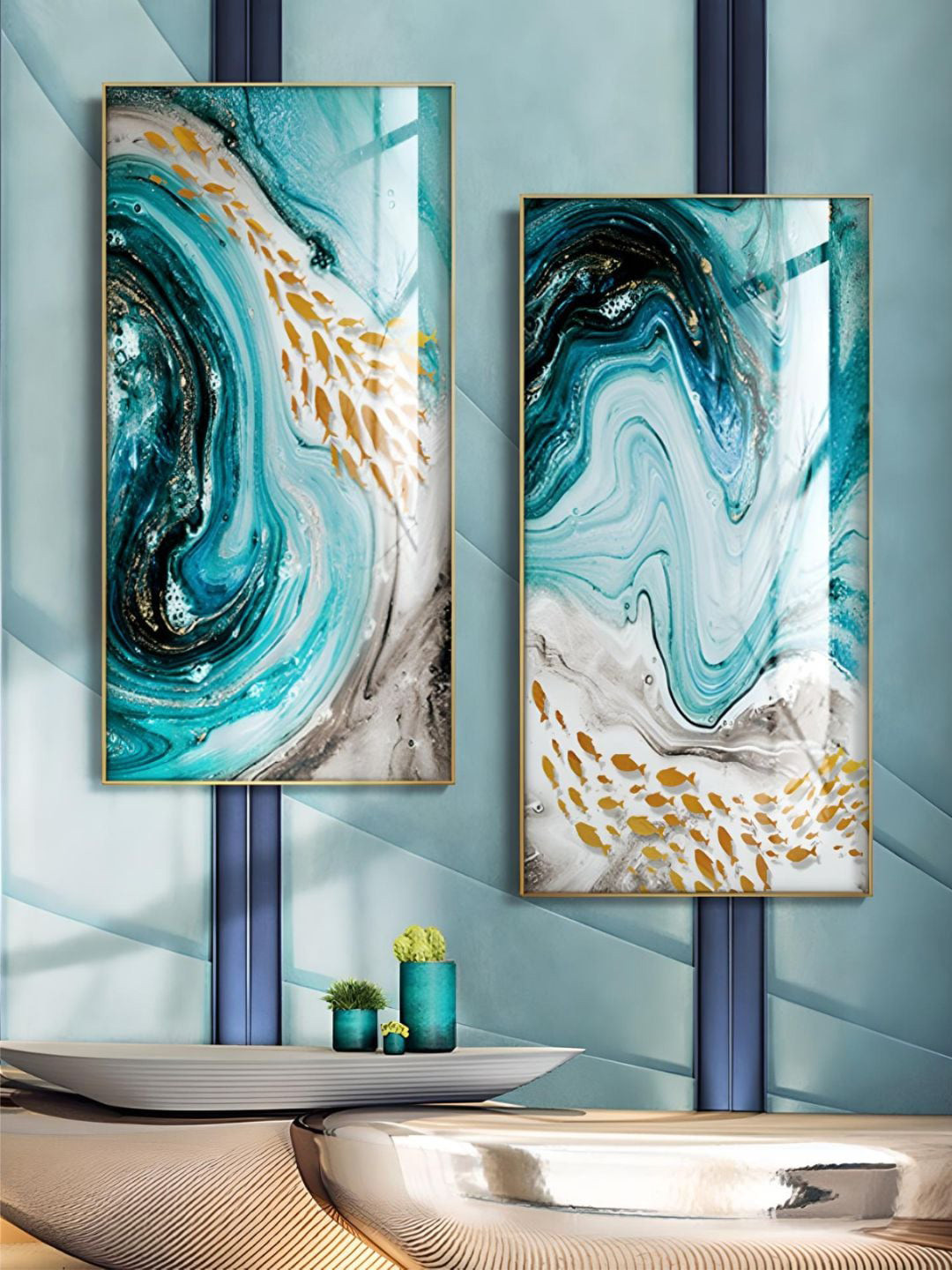 THE HANDMADE FLAIR Blue 2 Pcs Fishes In Sea Swirls Wall Art