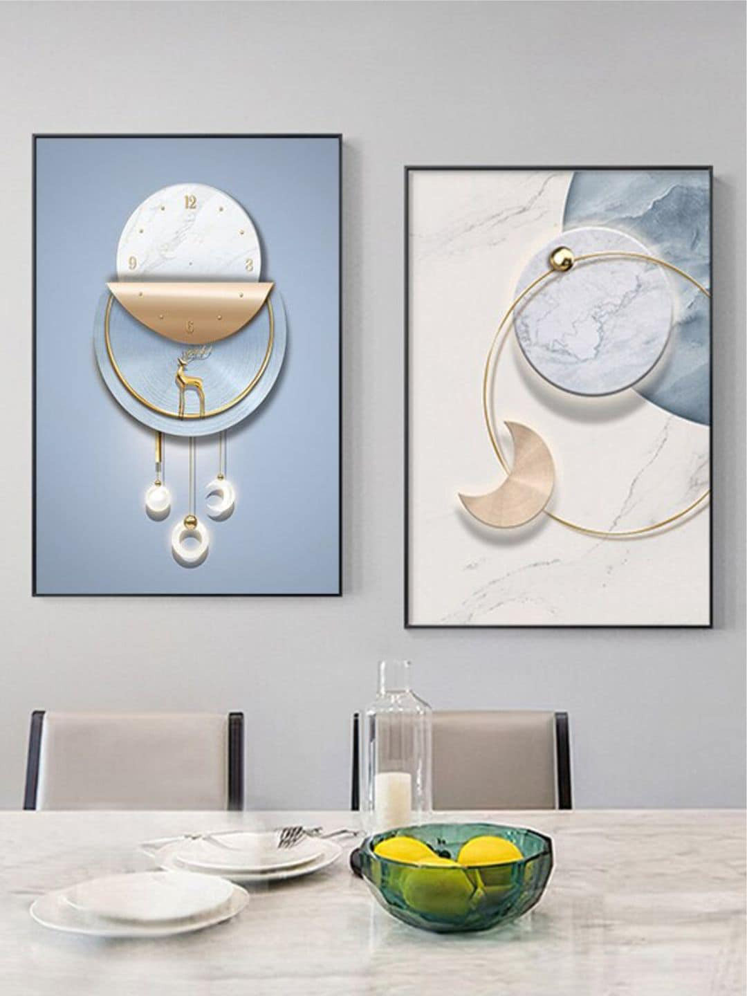 THE HANDMADE FLAIR 2 Pcs Blue & White  Circle Of Light Framed Painting Wall Art