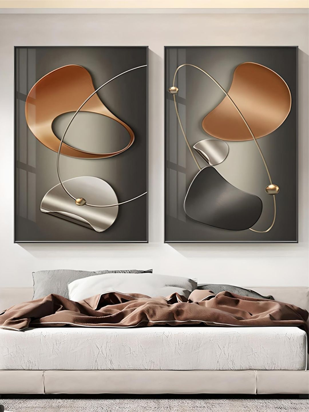 THE HANDMADE FLAIR 2 Pcs Black & Brown Arc & Curved Elements Framed Painting Wall Art