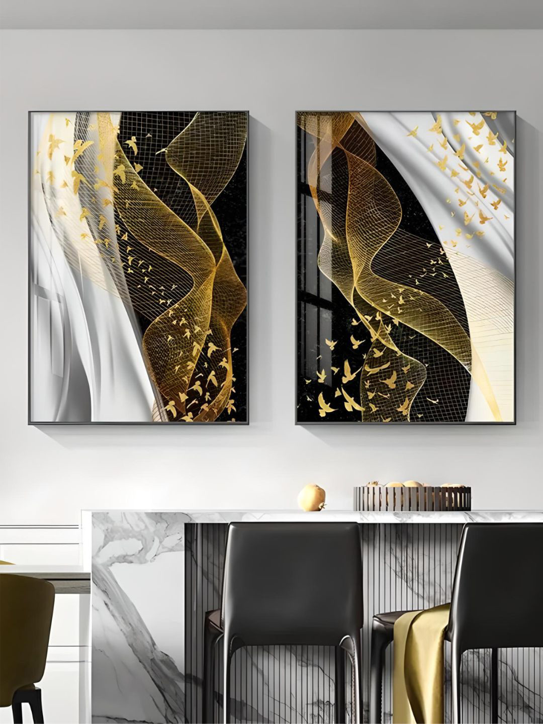 THE HANDMADE FLAIR Black & White 2 Pieces Modern Abstract Birds Flowing Wall Arts