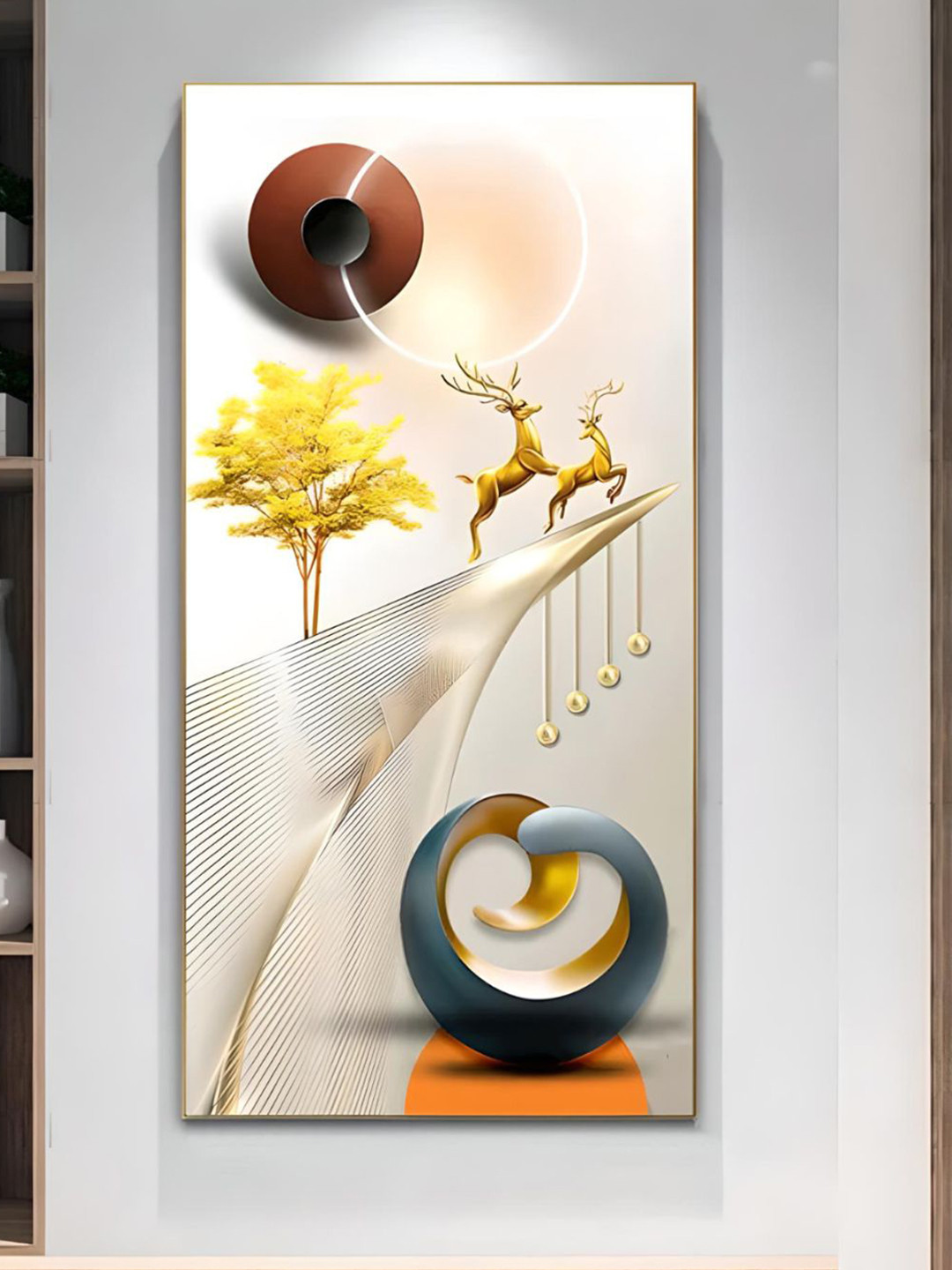 THE HANDMADE FLAIR Golden Deer Wood Wall Rectangle Paintings Wall Art -60 x 30 In