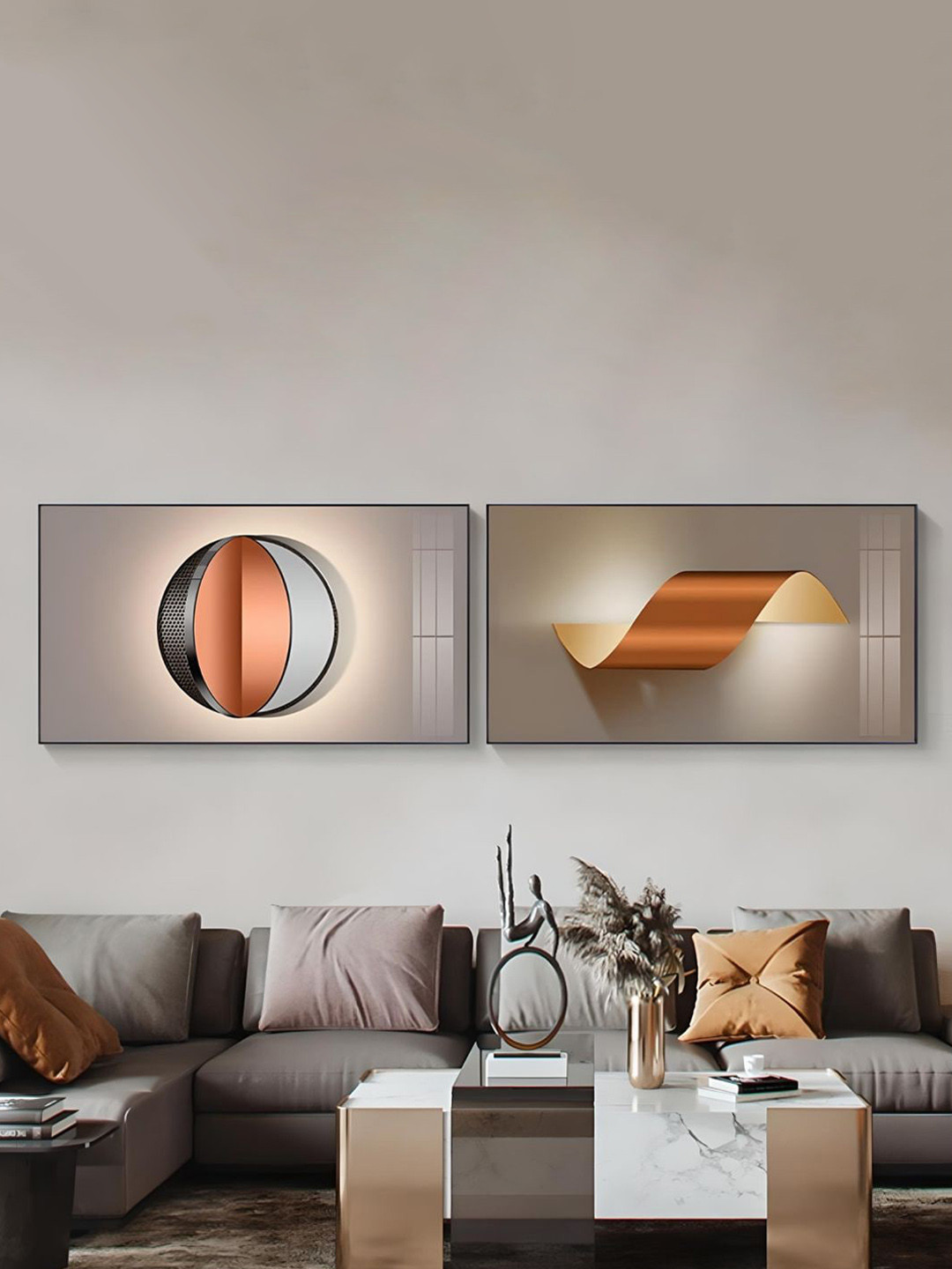 THE HANDMADE FLAIR 2 Pcs Beige & Brown Abstract Architectural Framed Painting Wall Art