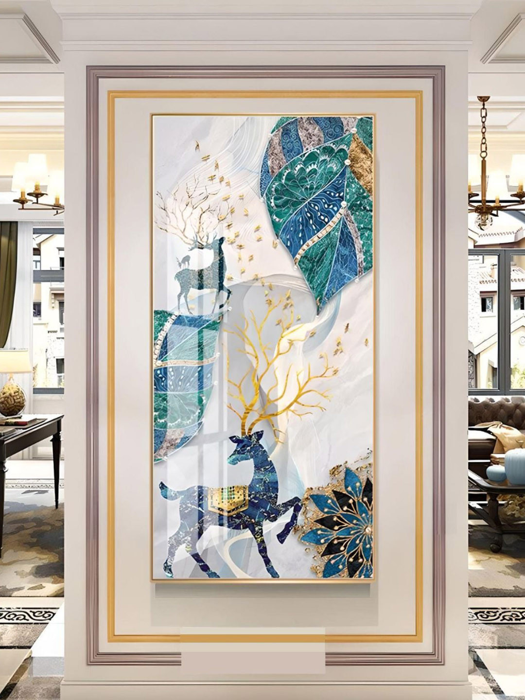 THE HANDMADE FLAIR Green & Blue Abstract Auspicious Mystical Deer Landscape Wall Art