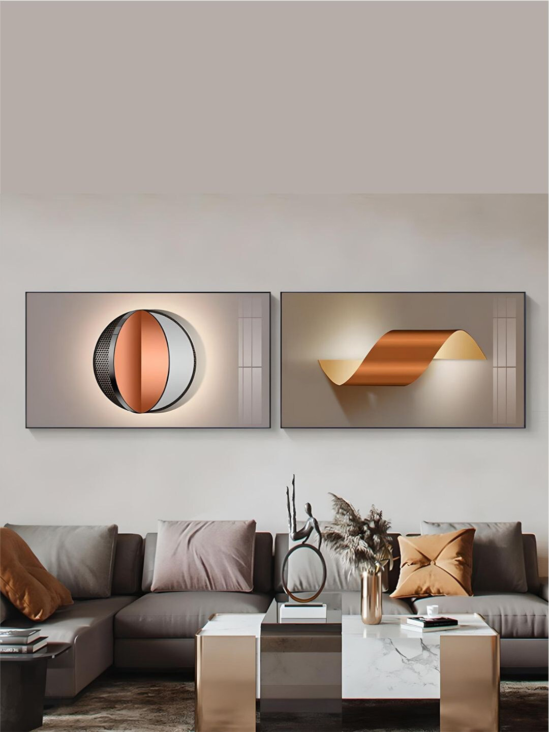 THE HANDMADE FLAIR 2 Pcs Beige & Brown Abstract Architectural Framed Painting Wall Art