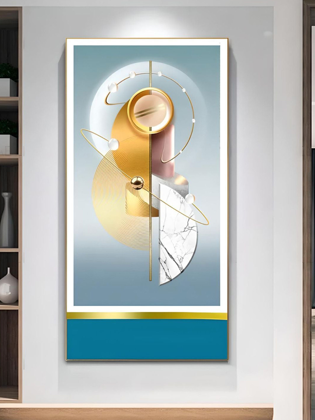 THE HANDMADE FLAIR Gold Toned & Blue Geometrical Landscape Auspicious Abstract Wall Art