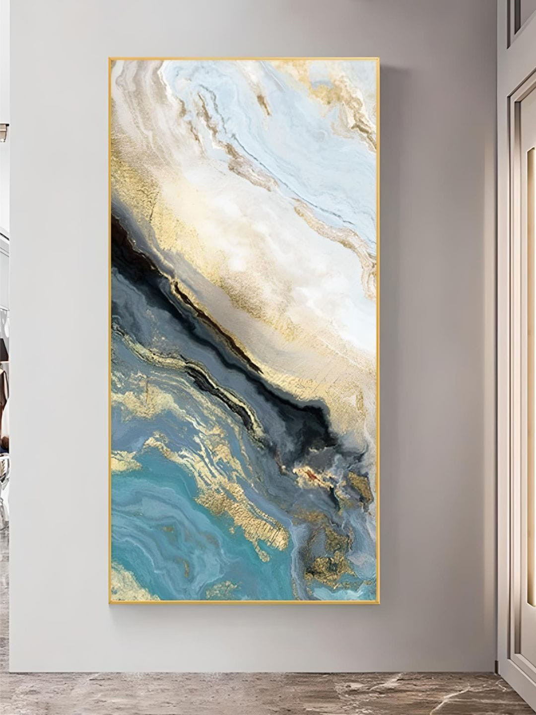 THE HANDMADE FLAIR Blue & Grey Abstract Wooden Golden Marble Design Painting Wall Art