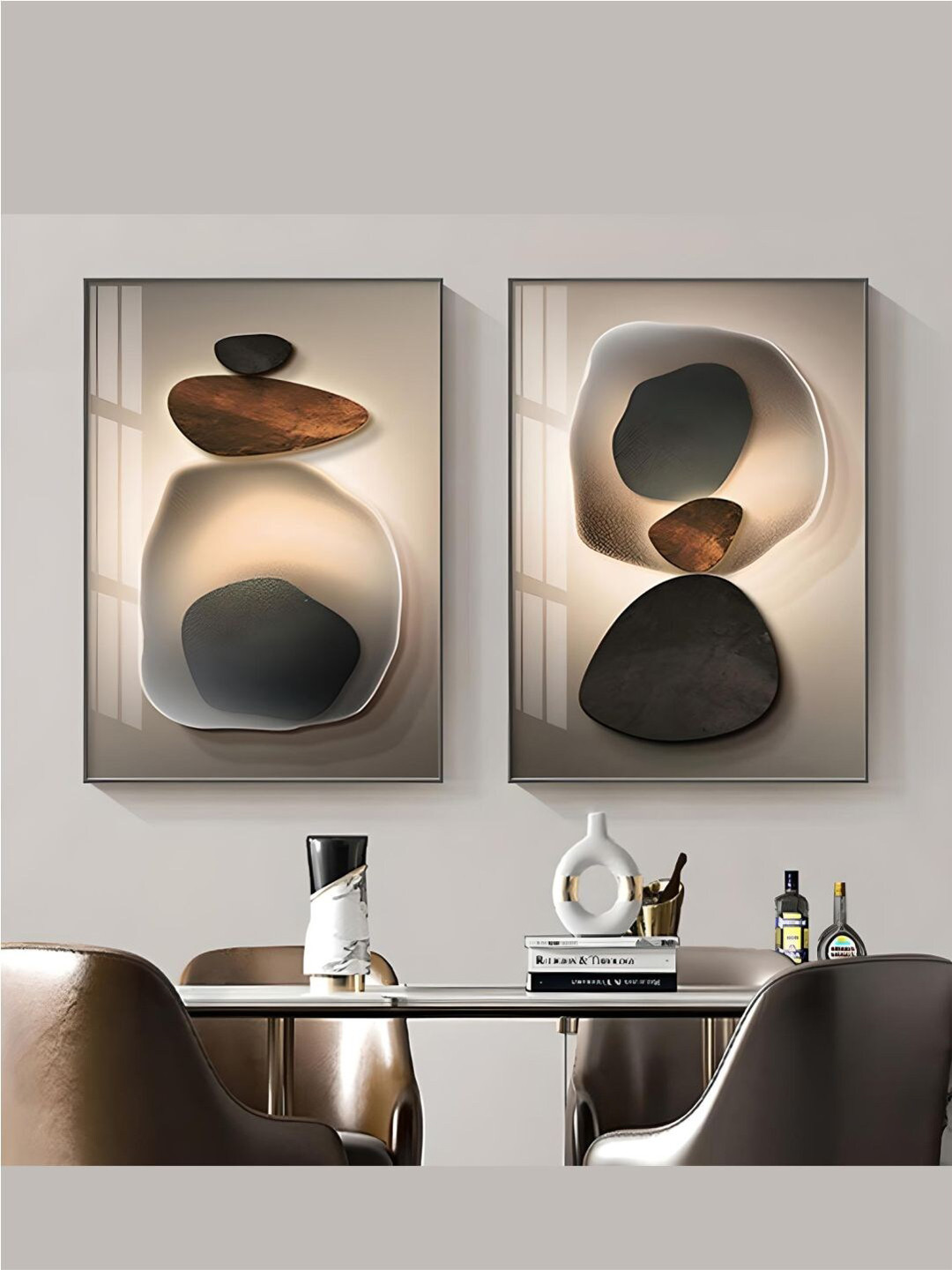 THE HANDMADE FLAIR 2 Pcs Beige & Black Pebbles Framed Painting Wall Art