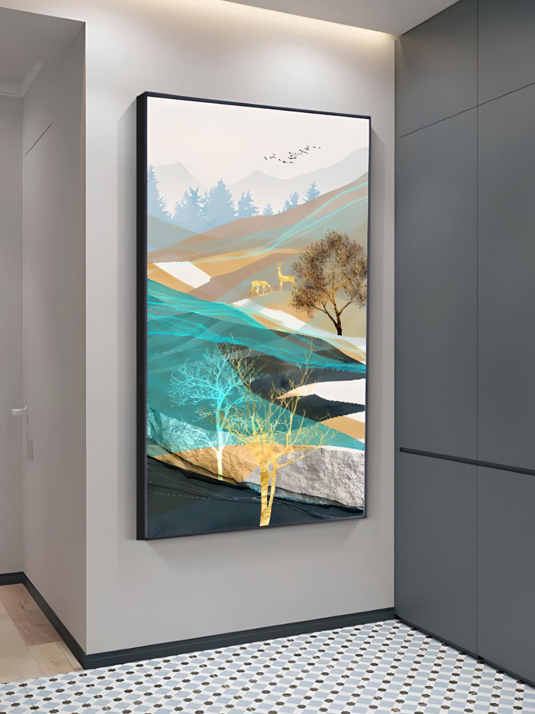 THE HANDMADE FLAIR Teal & Brown Abstract Nordic Landscape Wooden Wall Painting