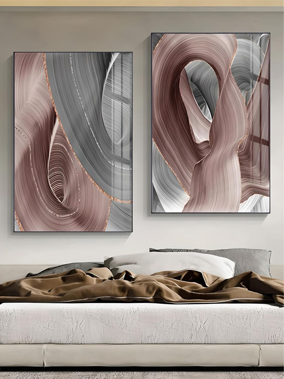 THE HANDMADE FLAIR Grey & Purple Abstract Flowing Ribbon Wooden Framed Painting Wall Arts