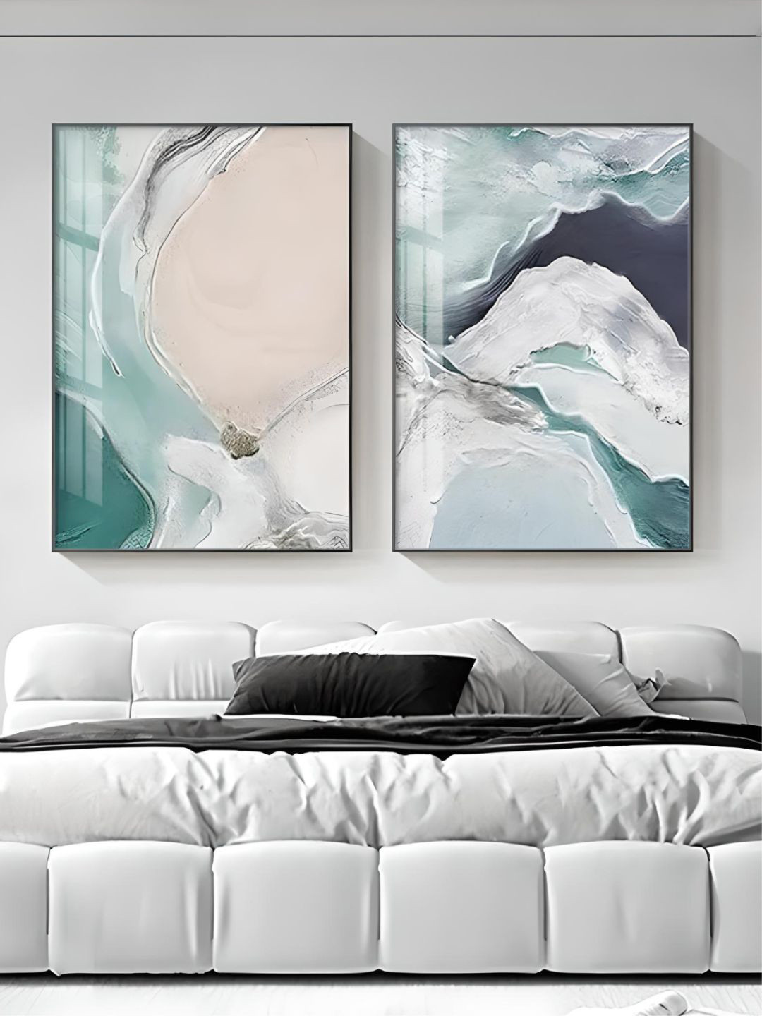 THE HANDMADE FLAIR 2 Pcs Sea Green & White Beach Framed Painting Wall Art
