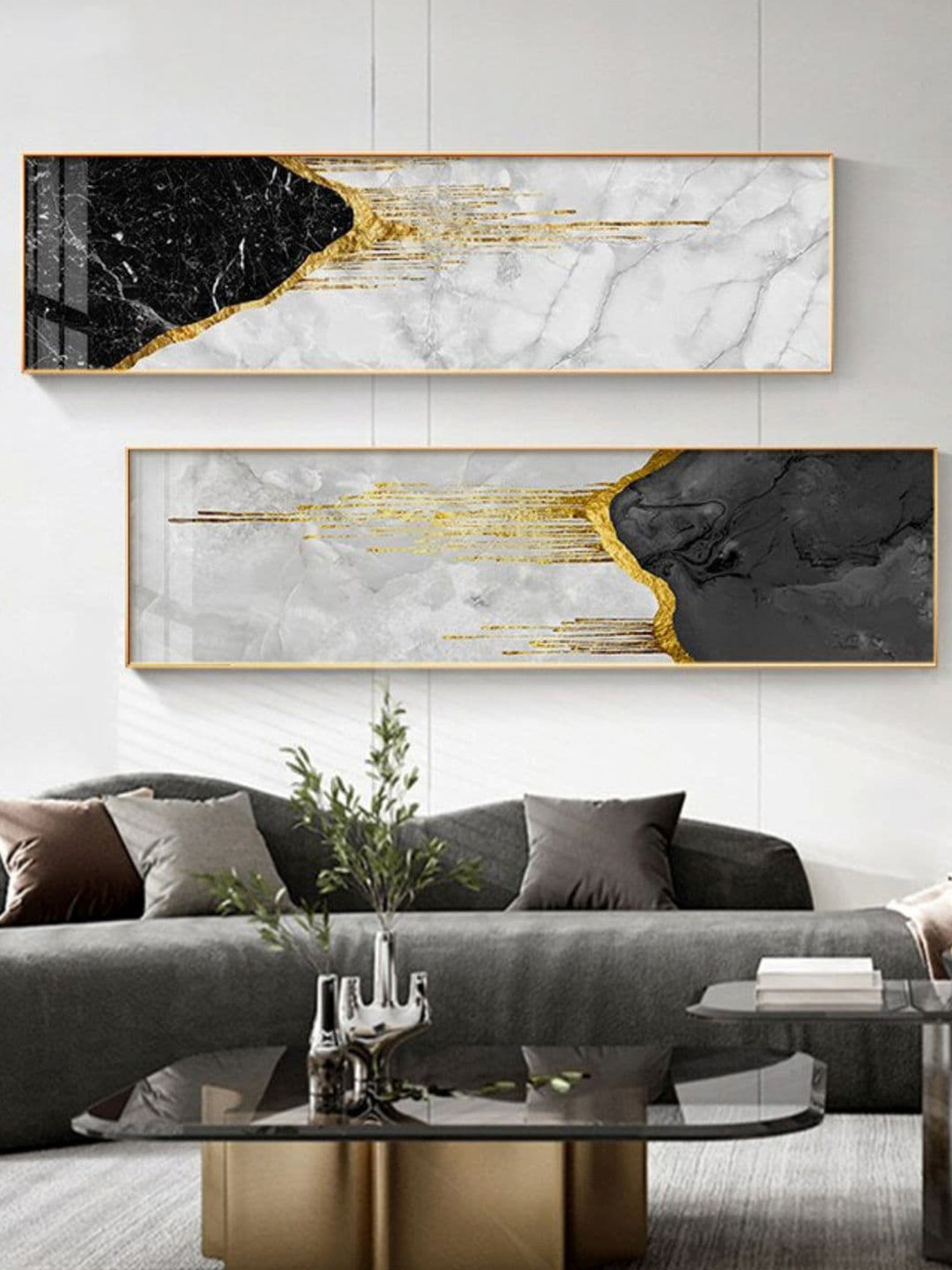 THE HANDMADE FLAIR Black & White 2 Pieces Modern Abstract Liquid Gold Marble Wall Arts