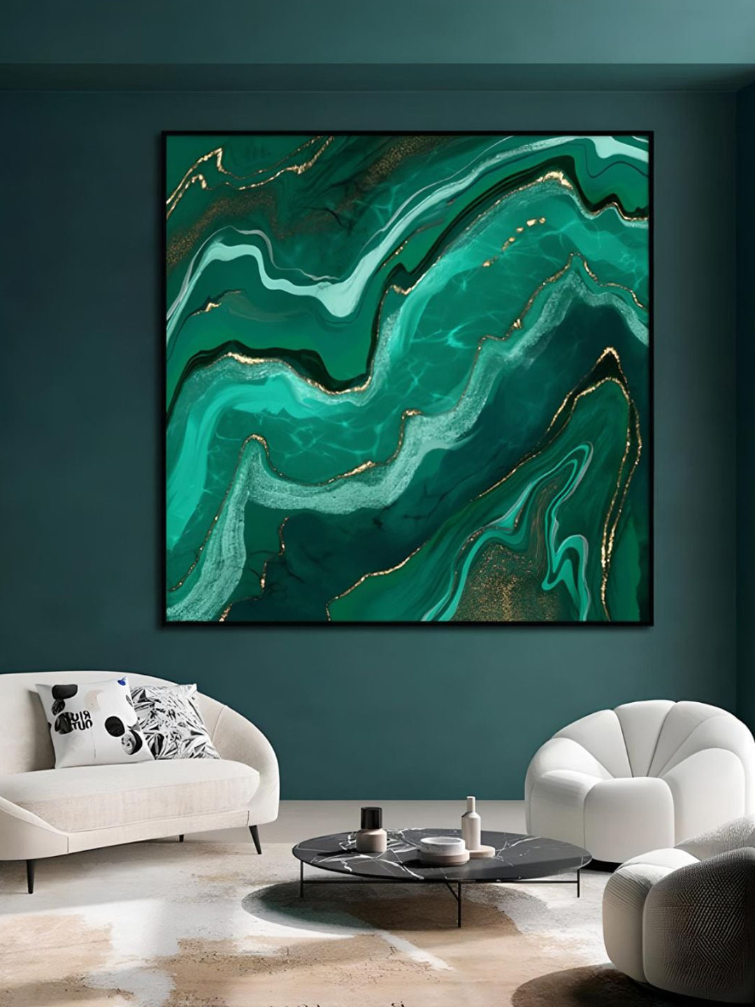 THE HANDMADE FLAIR Green & Black Modern Abstract Liquid Marble Wall Art