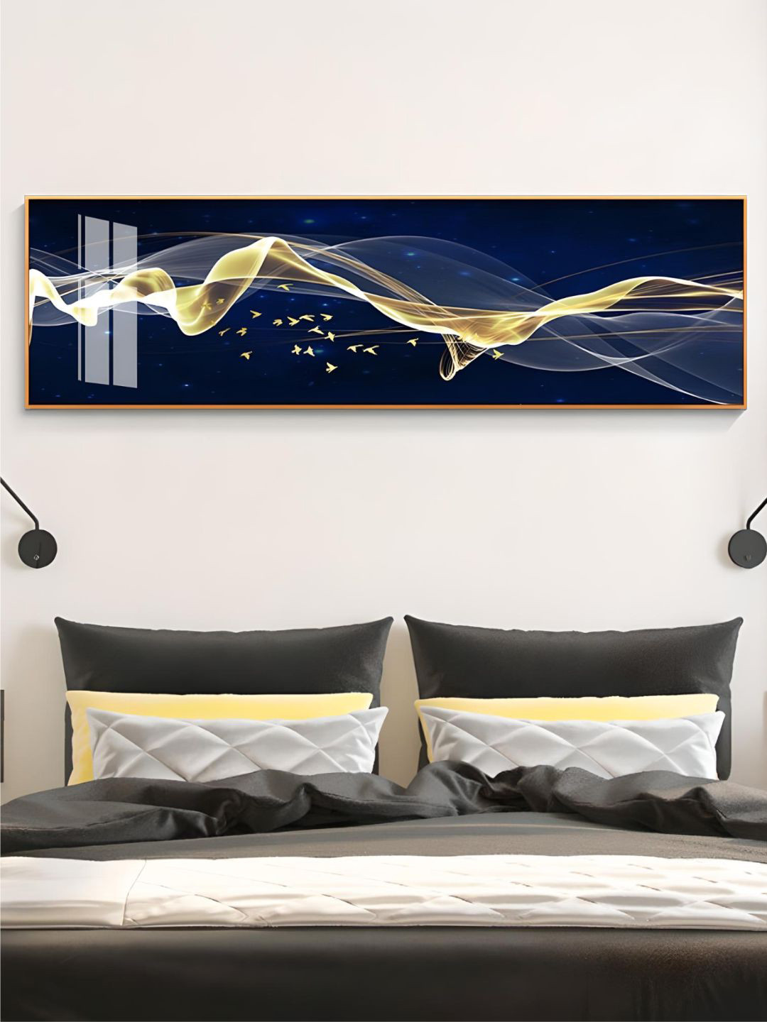 THE HANDMADE FLAIR Navy Blue & Gold Toned Abstract Flowing Wide Format Wall Art