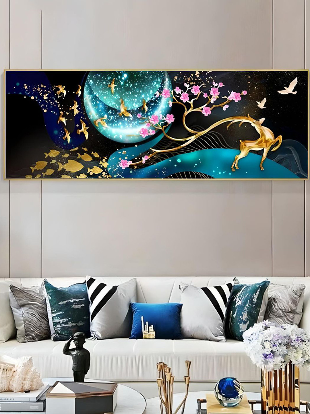 THE HANDMADE FLAIR Auspicious Golden Deer Wood Rectangle Paintings Wall Art -180 x 60 In