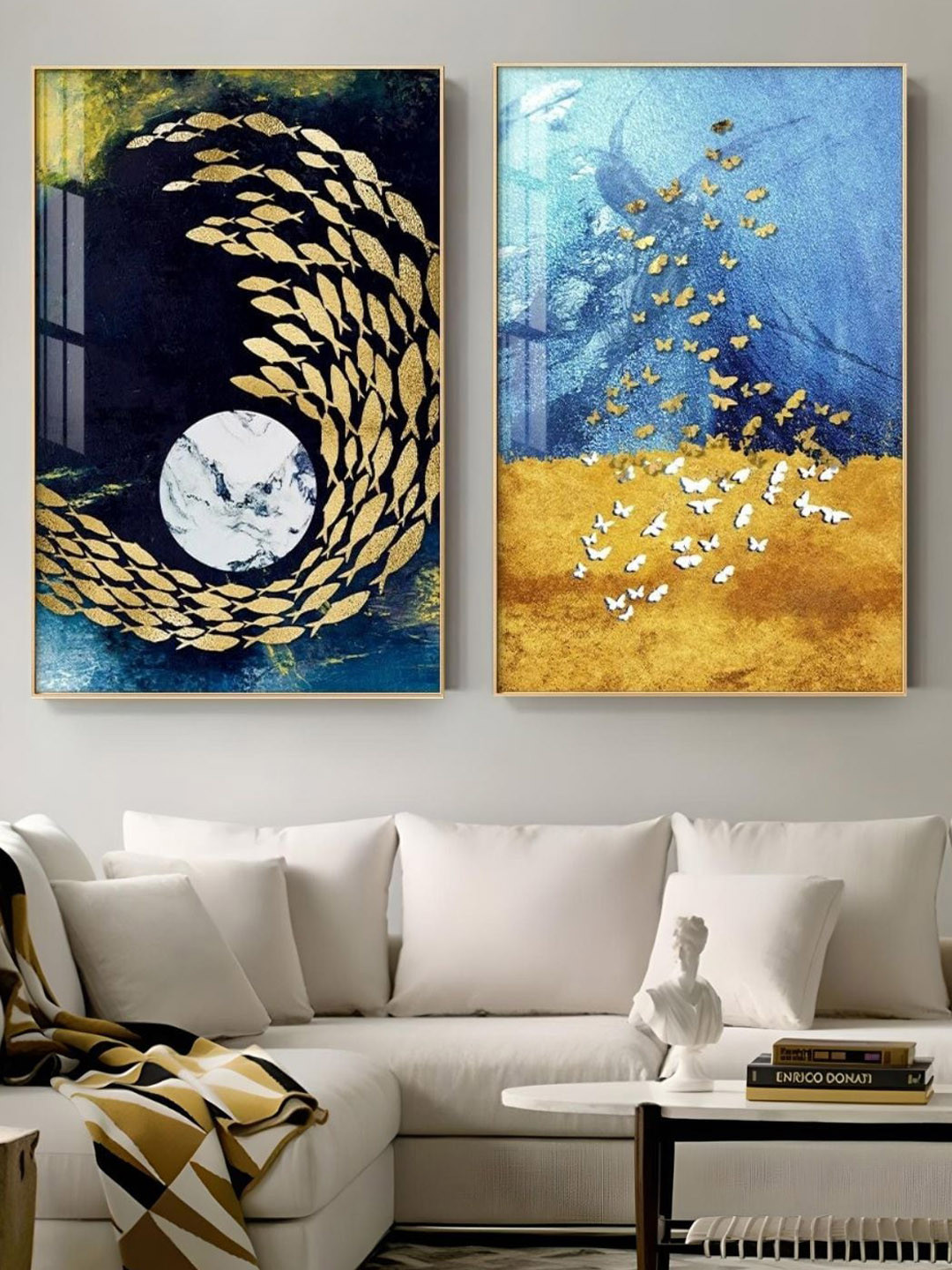 THE HANDMADE FLAIR Auspicious Golden Fish Wood 2 Piece Wall Paintings Wall Art -80 x 24 In