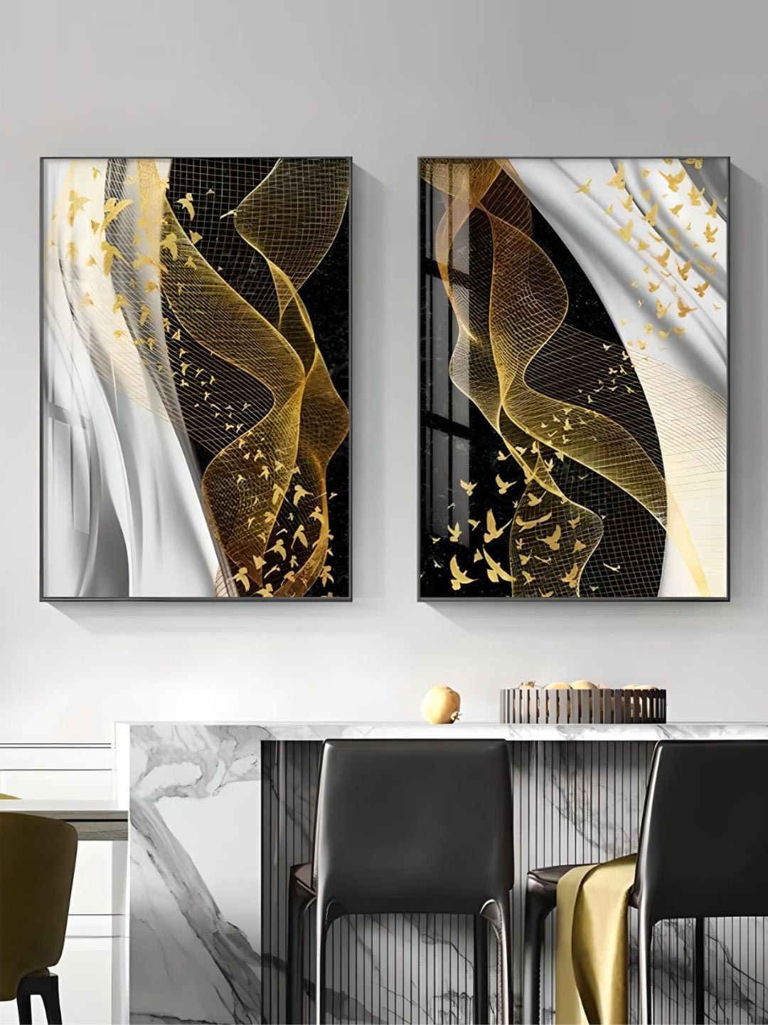 THE HANDMADE FLAIR 2 Pcs Black & Grey Abstract Birds Flowing Framed Painting Wall Art