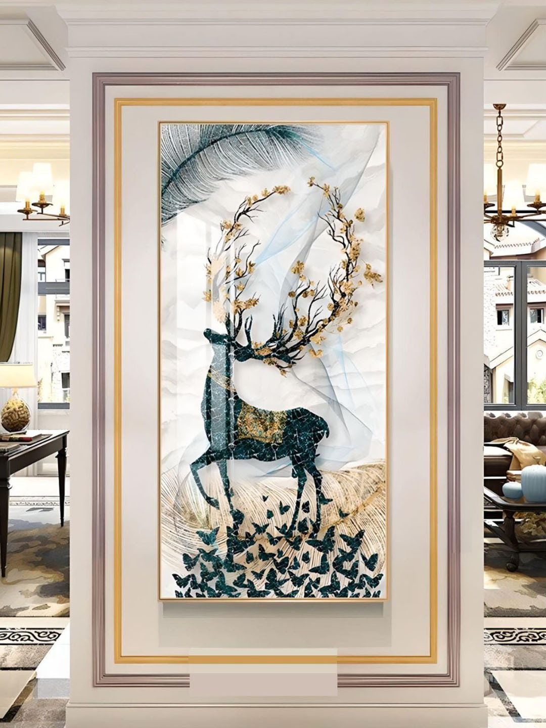 THE HANDMADE FLAIR White & Blue Abstract Auspicious Mystical Deer Landscape Wall Art