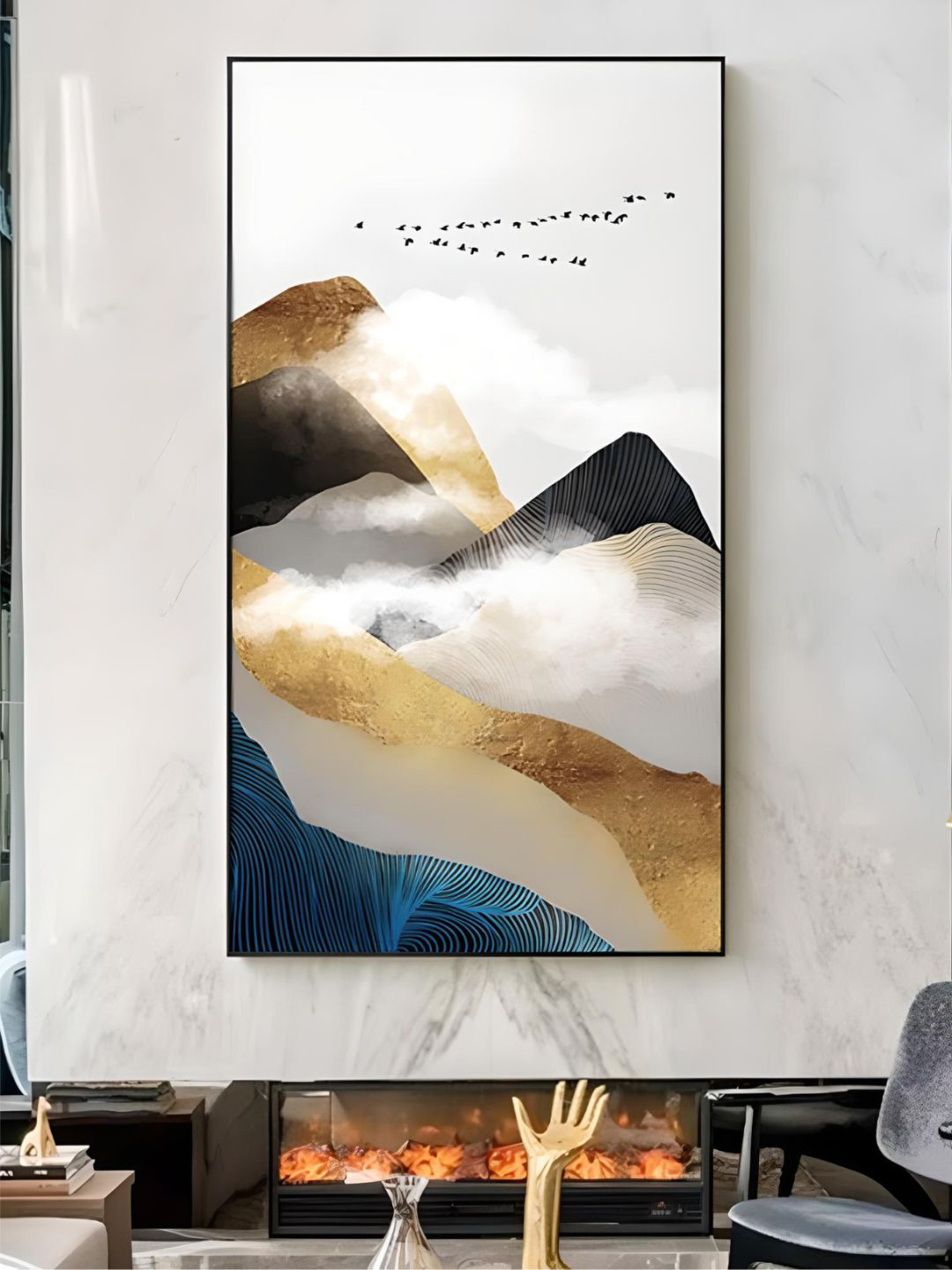 THE HANDMADE FLAIR White & Gold Toned Mountains In The Clouds Abstract Wall Art