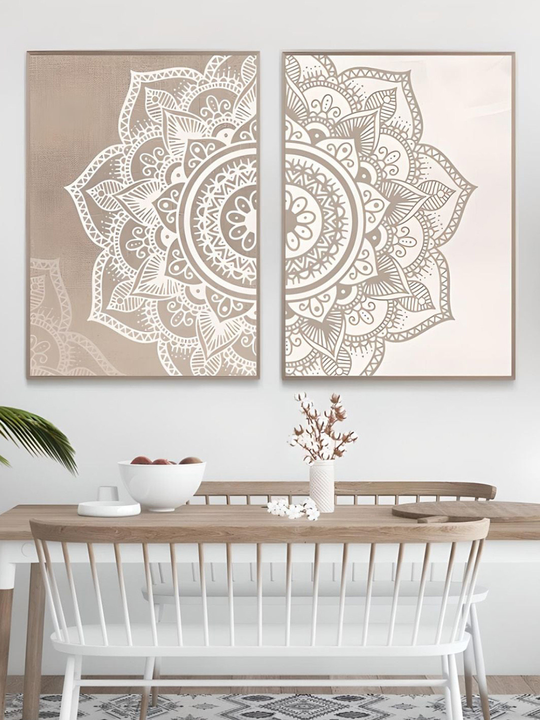 THE HANDMADE FLAIR Beige & Cream Coloured 2 Piece Canvas Floral Mandala Wall Painting