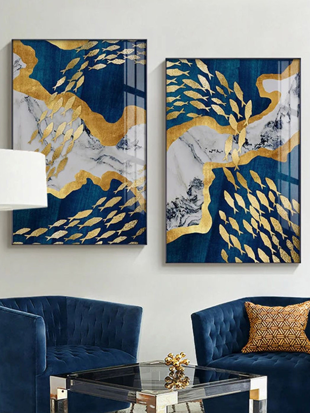 THE HANDMADE FLAIR Set of 2 Auspicious Golden Fish In The Deep Blue Painting Wall Art