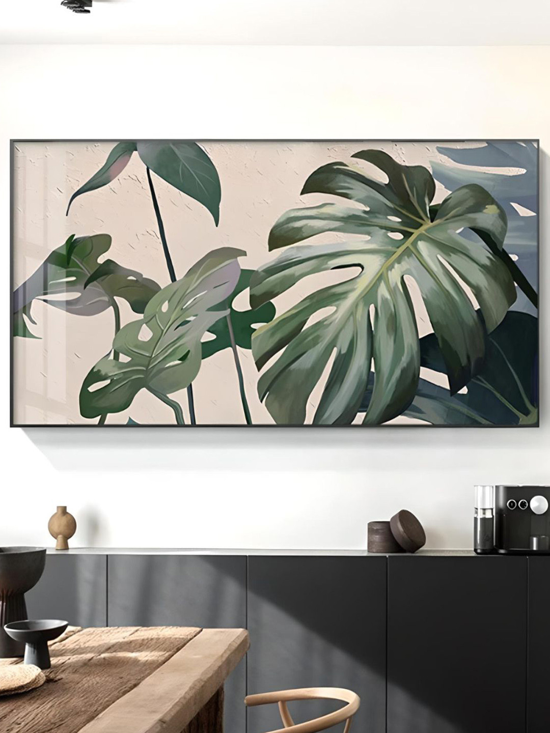 THE HANDMADE FLAIR Green & Beige Tropical Leaves Canvas Paintings Wall Art