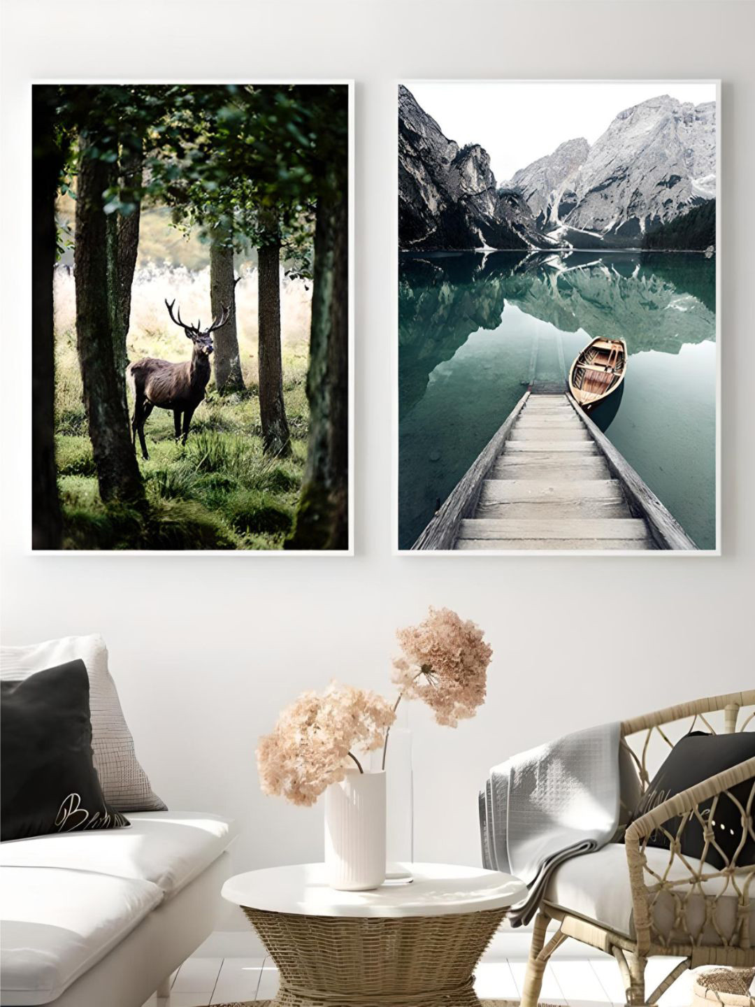 THE HANDMADE FLAIR 2 Pcs Green & Grey Tranquil Lake Framed Painting Wall Art