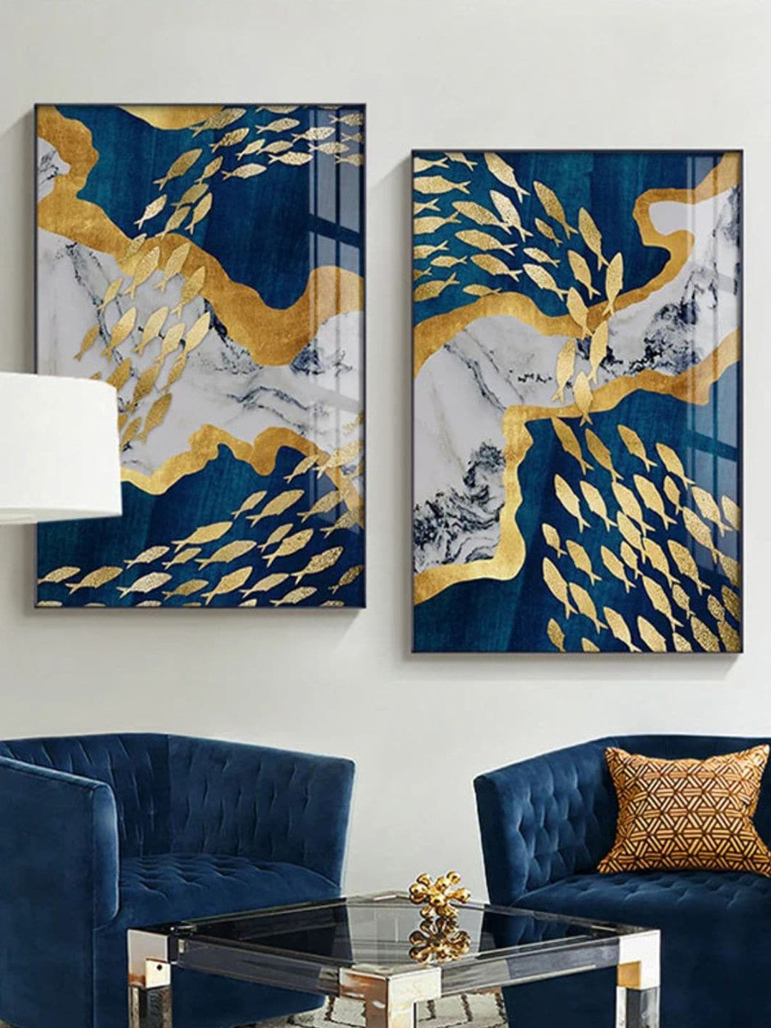 THE HANDMADE FLAIR 2 Pcs Navy Blue & Grey Auspicious Golden Fish Framed Painting Wall Art