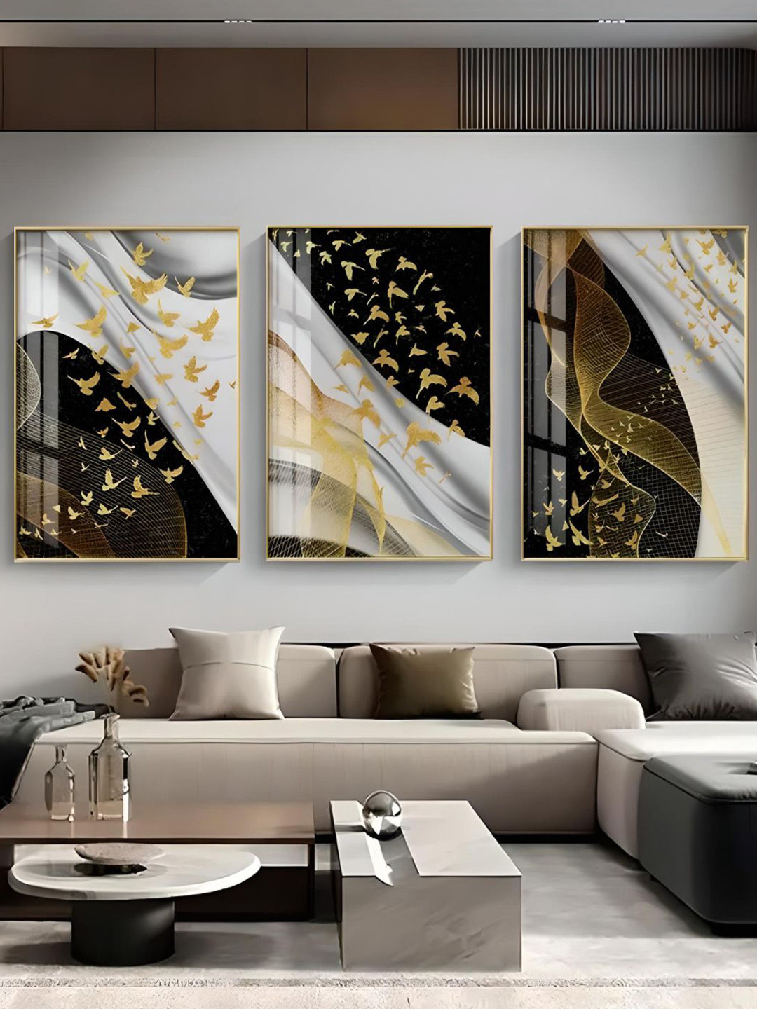 THE HANDMADE FLAIR Black & Yellow Birds Flowing Framed Painting Wall Art