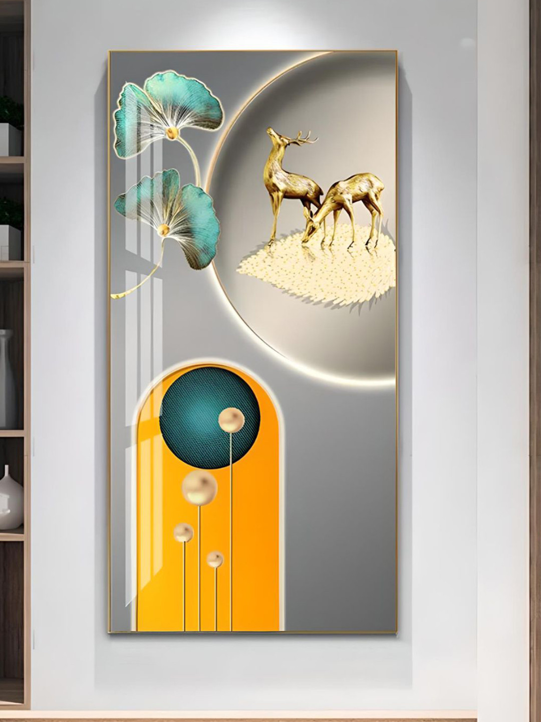 THE HANDMADE FLAIR Golden Deer Wood Wall Rectangle Paintings Wall Art -20 x 40 In