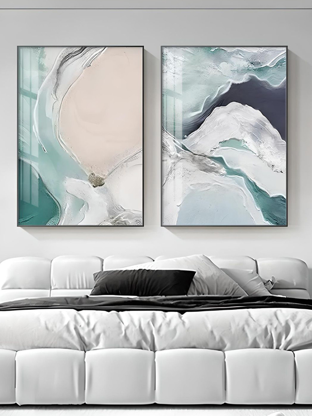 THE HANDMADE FLAIR 2 Pieces Green & White Nordic Abstract Jade Beach Ocean Wall Art