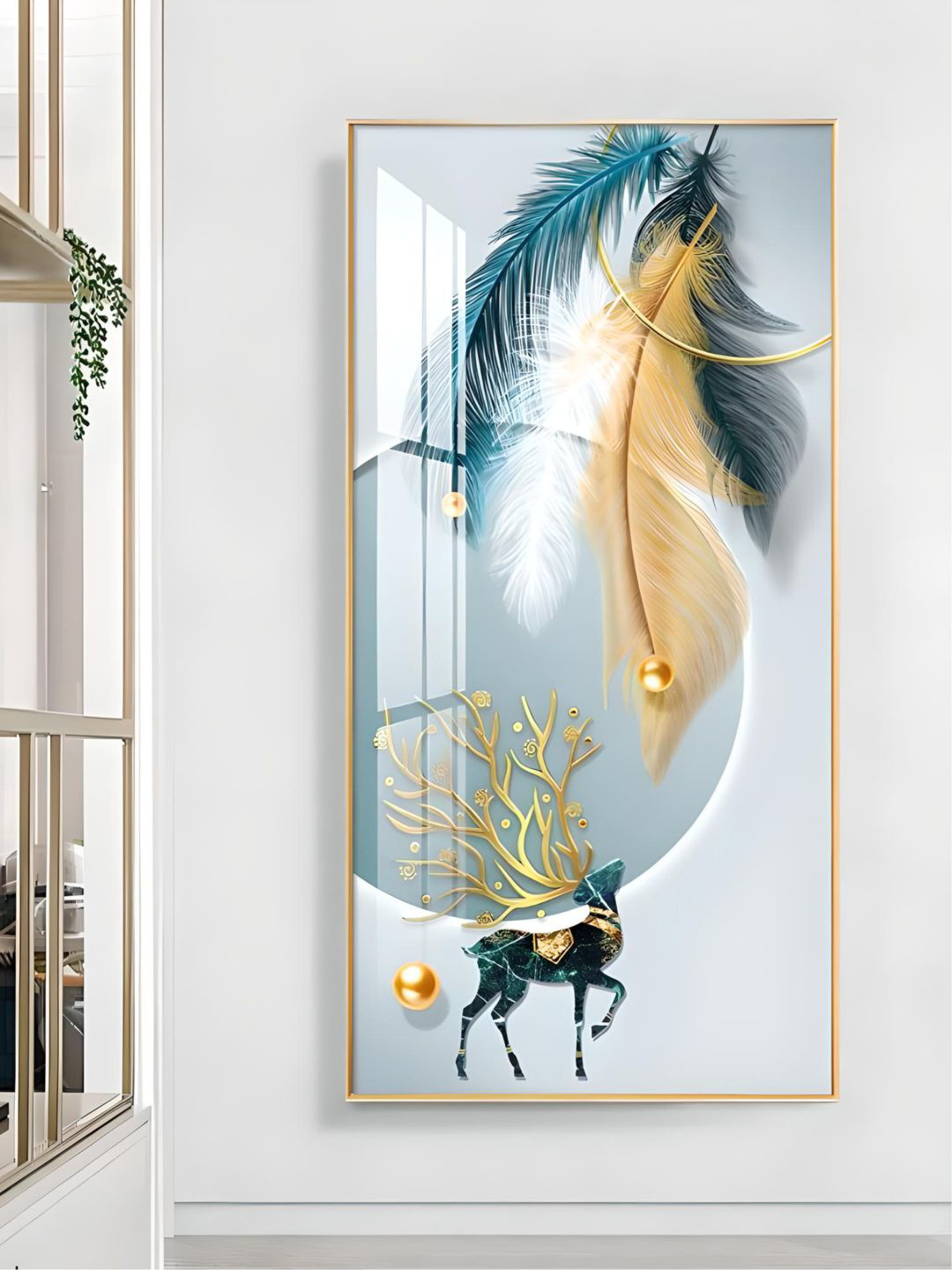 THE HANDMADE FLAIR Auspicious Mystical Deer Wood Rectangle Paintings Wall Art -80 x 40 In