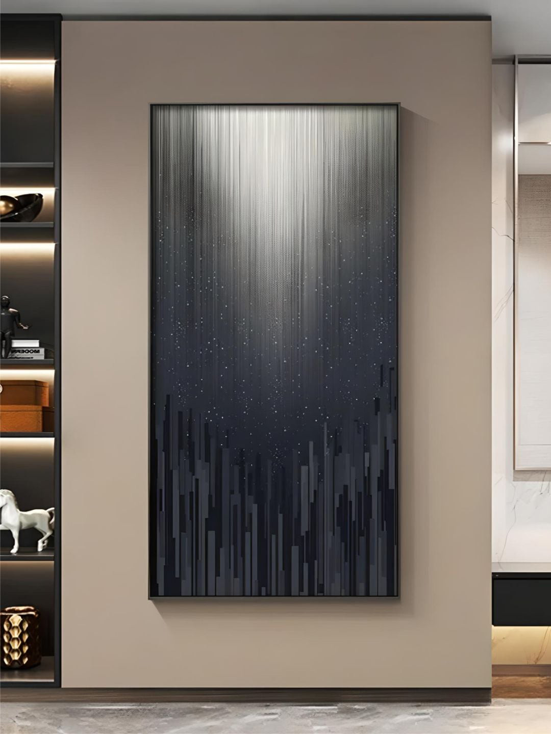 THE HANDMADE FLAIR Grey Digital Rain Gradient Framed Painting Wall Art