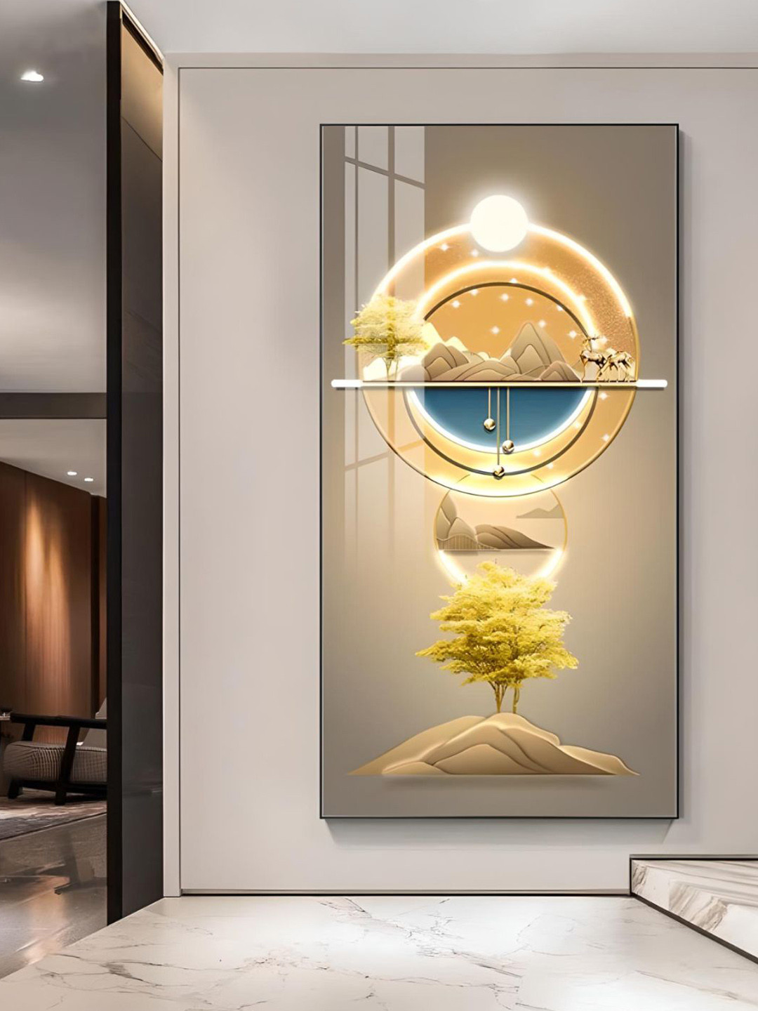 THE HANDMADE FLAIR Golden Circle Of Light Nordic Rectangle Paintings Wall Art -60 x120In