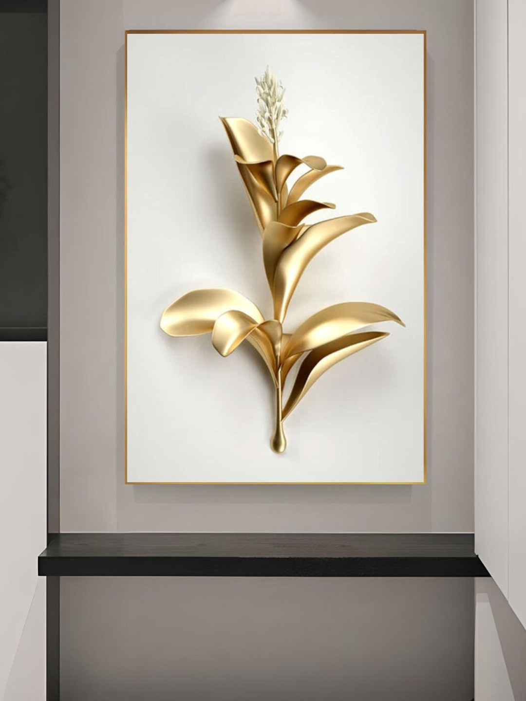 THE HANDMADE FLAIR White & Gold-Toned 1 Piece Wood Golden Leaf  Painting Wall Art