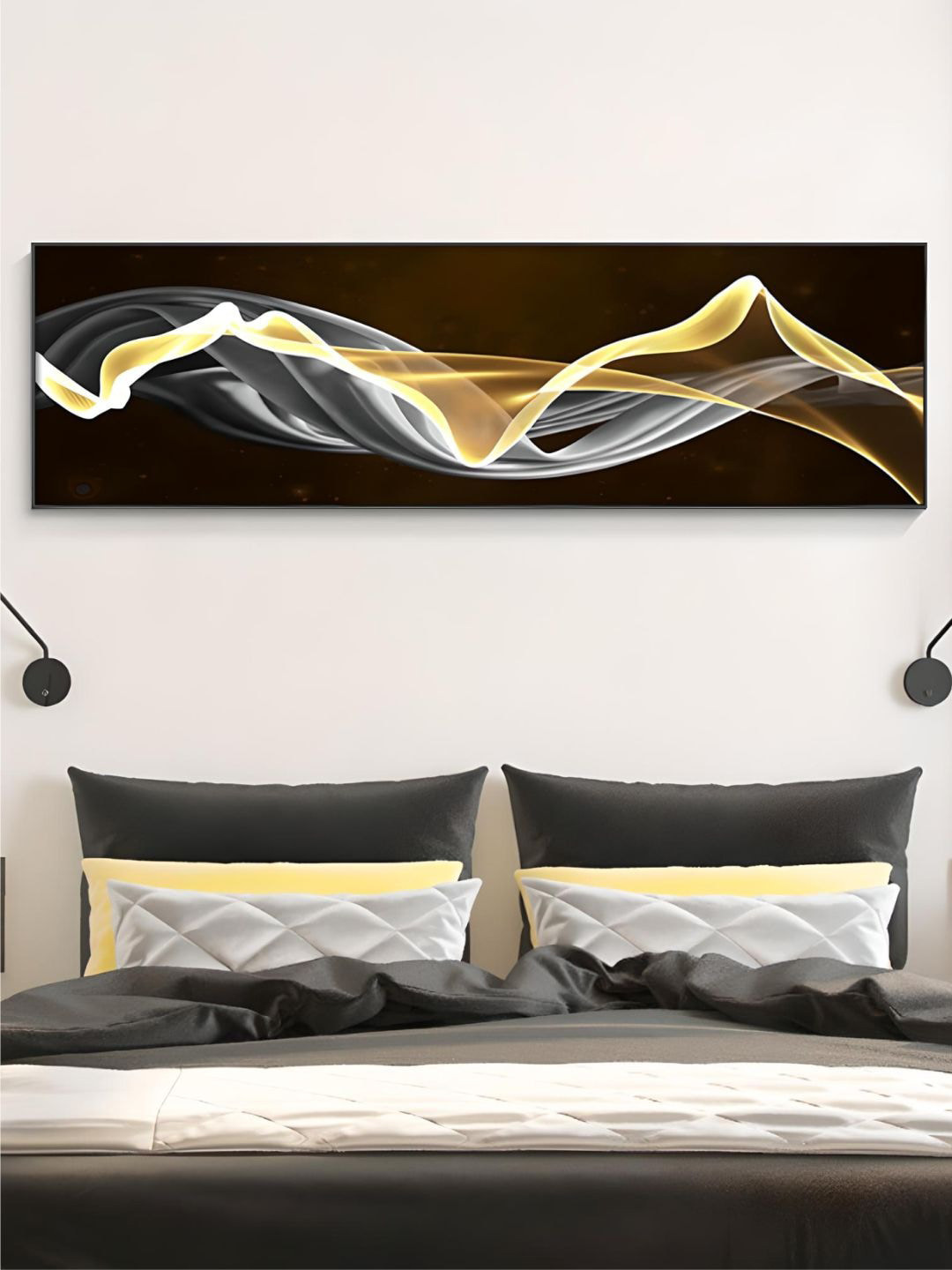 THE HANDMADE FLAIR Black & Gold-Toned 1 Piece Wood Abstract Flowing Painting Wall Art