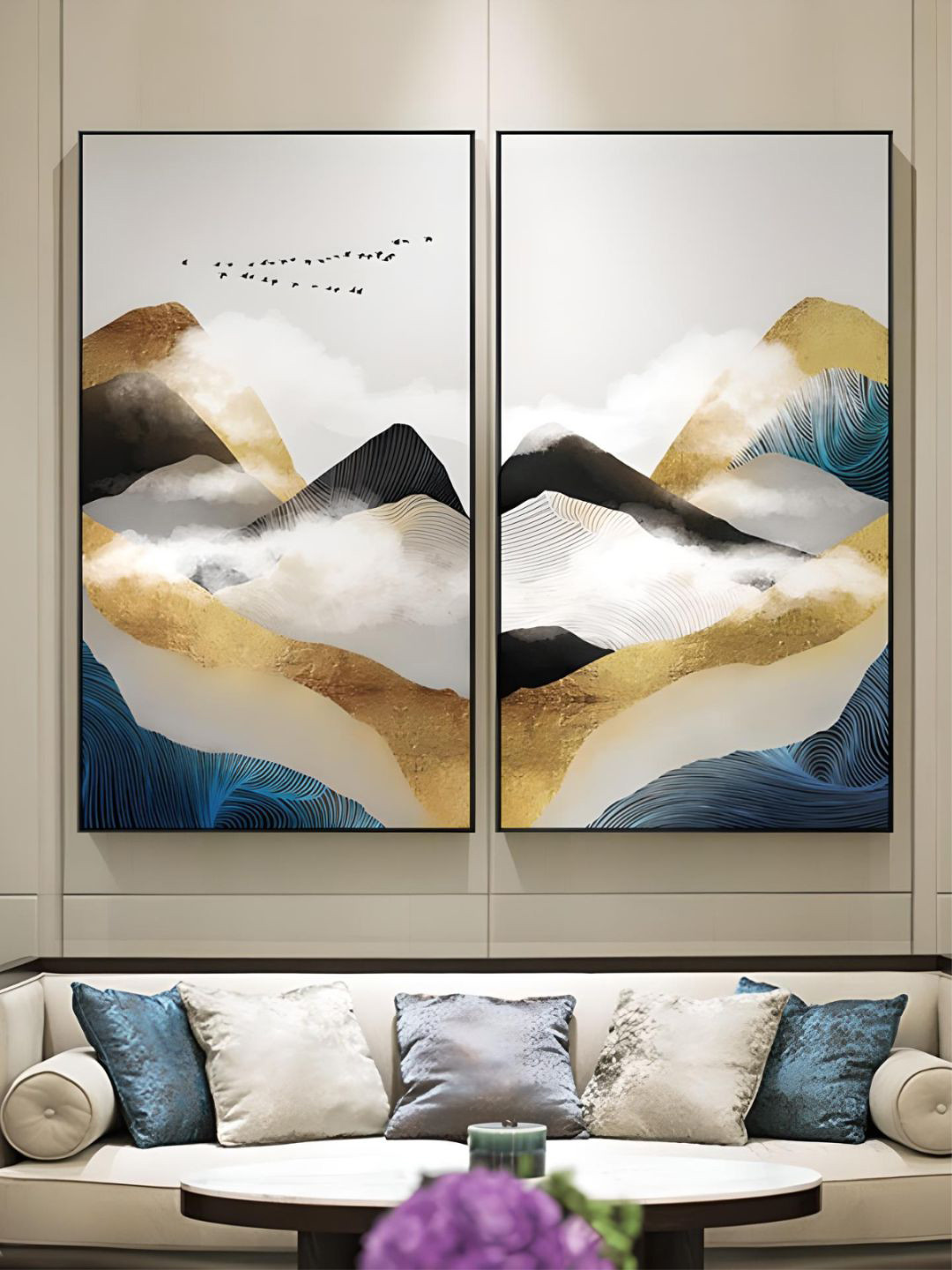 THE HANDMADE FLAIR 2 Pcs White & Blue Mountains In The Clouds Framed Painting Wall Art