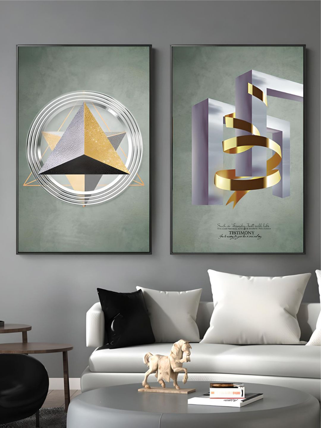 THE HANDMADE FLAIR Grey & Gold-Toned 2 Pcs Wood Modern Aesthetics Painting Wall Arts