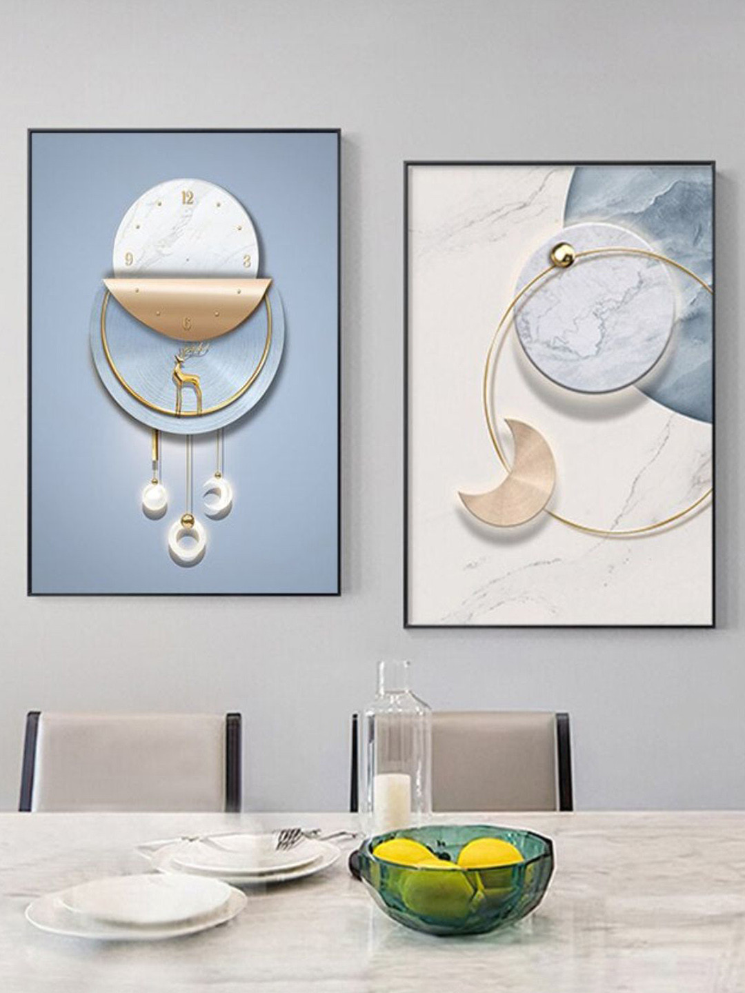 THE HANDMADE FLAIR 2 Pcs Blue & White Circle Of Light Framed Painting Wall Art