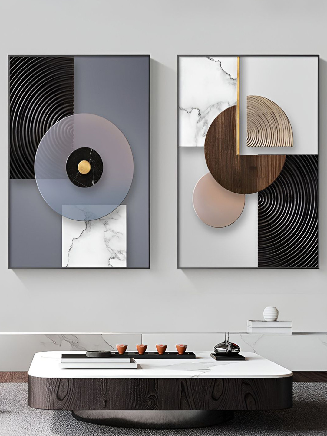 THE HANDMADE FLAIR 2 Pcs Grey & Brown Geometric Framed Painting Wall Art