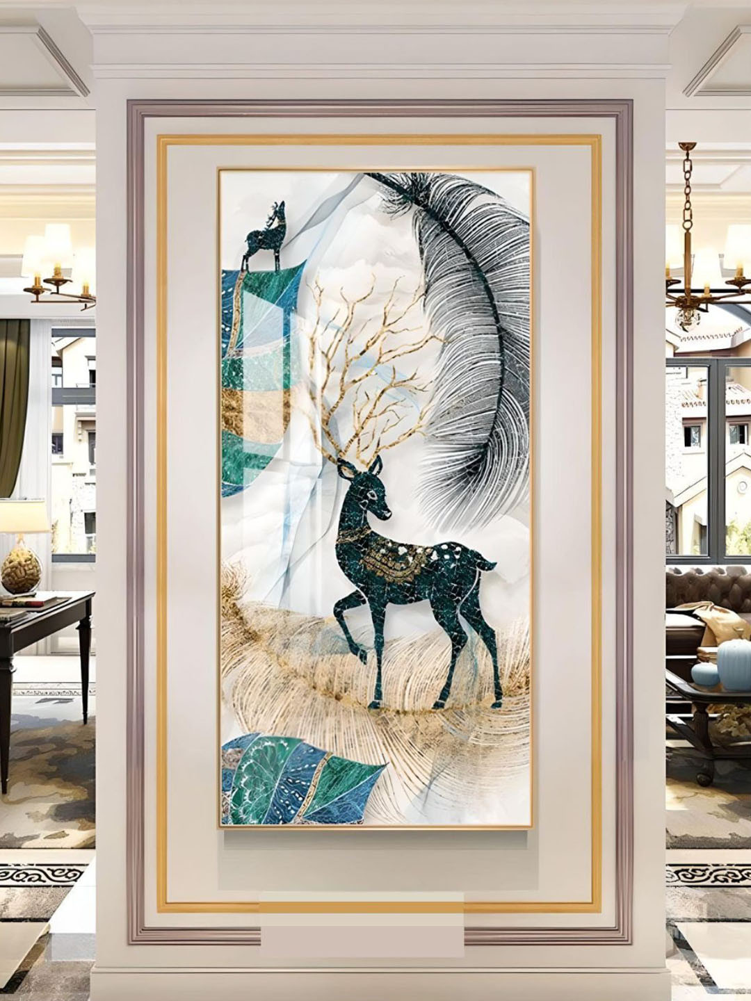 THE HANDMADE FLAIR  White & Blue Abstract Wooden Deer Landscape Painting Wall Art