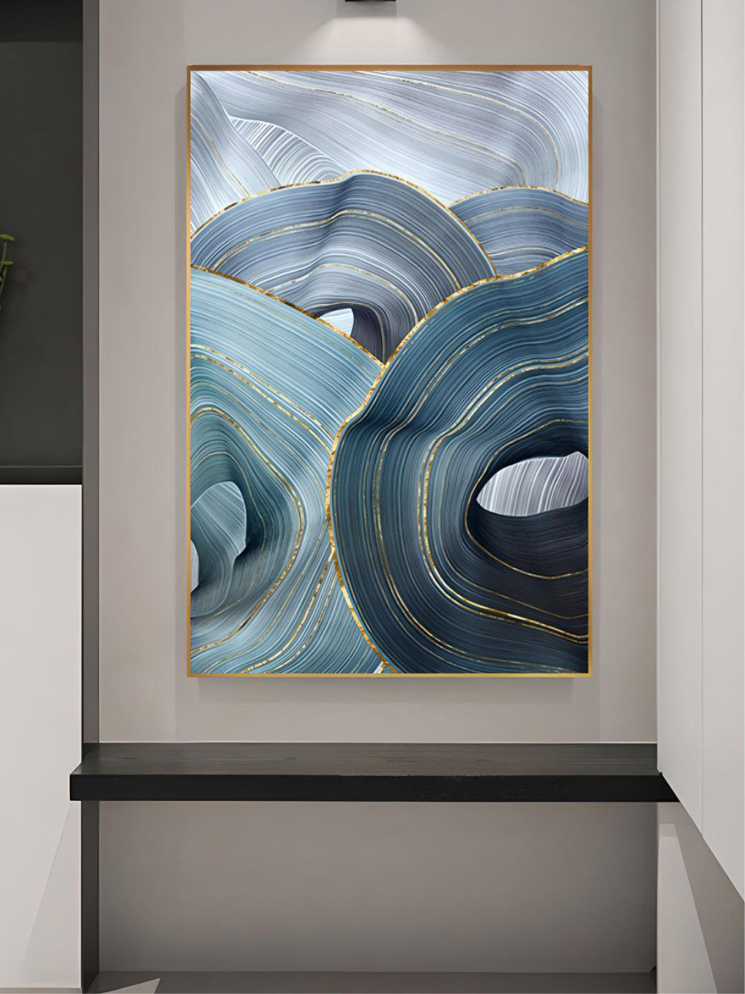 THE HANDMADE FLAIR Grey & Blue Wood Ribbon Painting Wall Arts