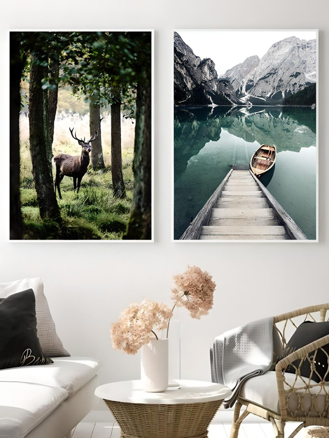 THE HANDMADE FLAIR 2 Pcs Green & Grey Tranquil Lake Framed Painting Wall Art