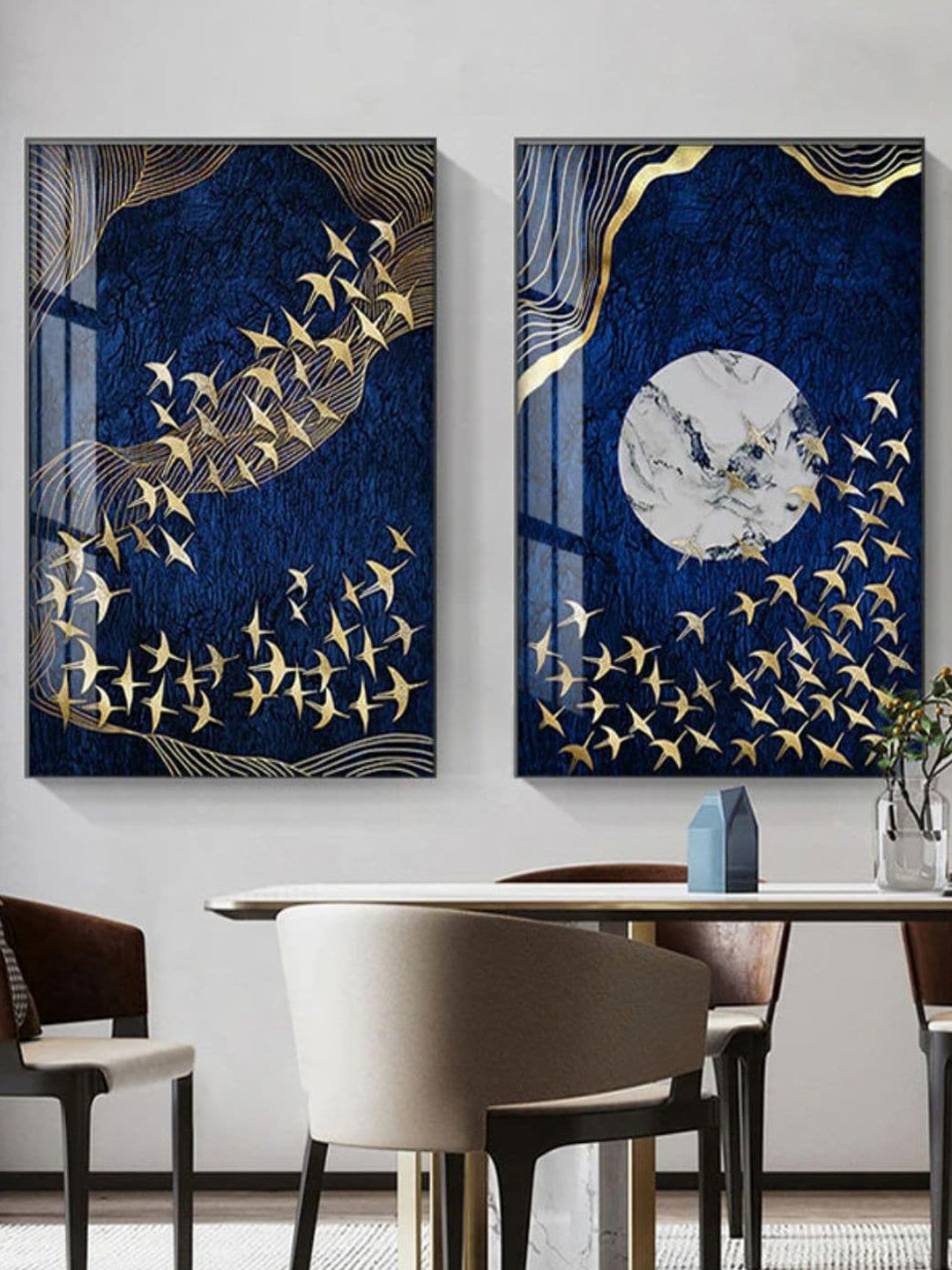 THE HANDMADE FLAIR 2 Pcs Blue & White Golden Fish Framed Painting Wall Art