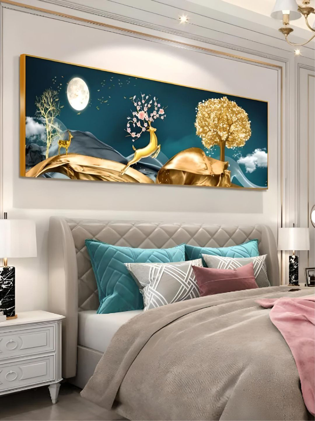 THE HANDMADE FLAIR Abstract Auspicious Golden Deer Wood Wall Paintings Wall Art-90 x30In