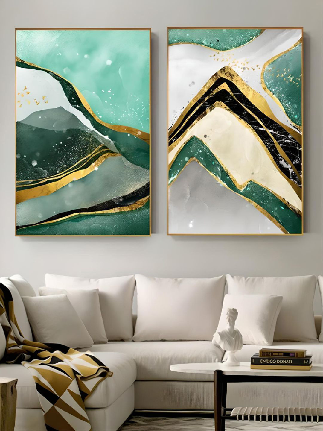 THE HANDMADE FLAIR 2 Pcs Green & Beige Marble Framed Painting Wall Art